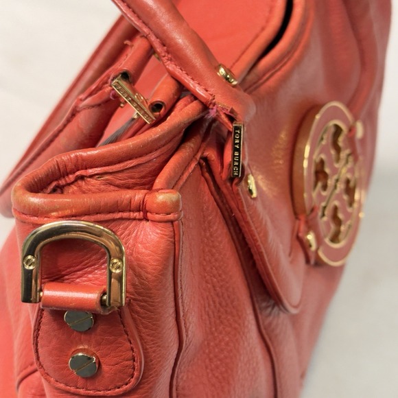 Tory Burch Amanda Red/Orange Pebble Leather Logo Hobo Shoulder Bag No Strap - Picture 6 of 16